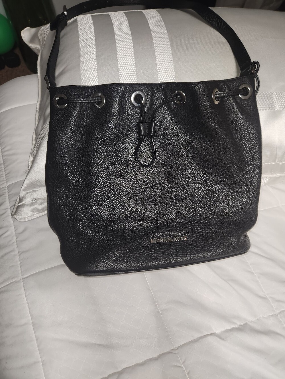 Michael Kors Black Pebbled Leather Drawstring Shoulder Bag and wallet. Excellent